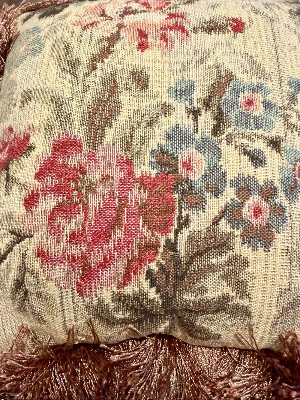Vintage Floral Tapestry Accent Pillow With Fringe 12x12